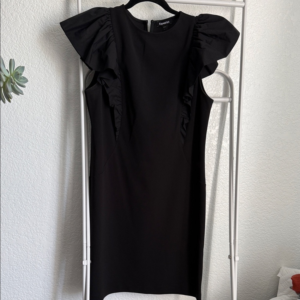 H&M Black Mini Dress with Ruffled Sleeves - Size M